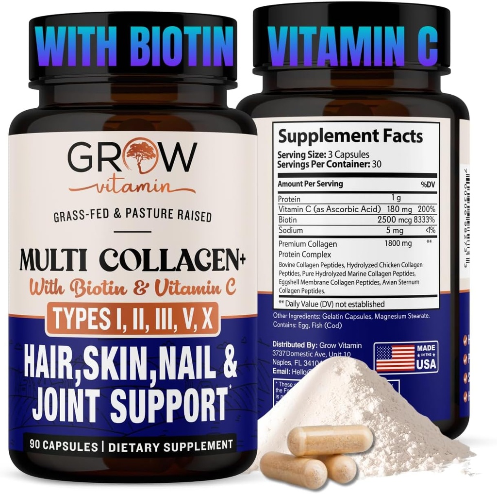 te groeien vitamine Multi Collageen Capsules - Types I, II, III, V & X Gehydrolyseerde Blend met Biotine & Vitamine C voor haar, huid, nagels 90 capsules