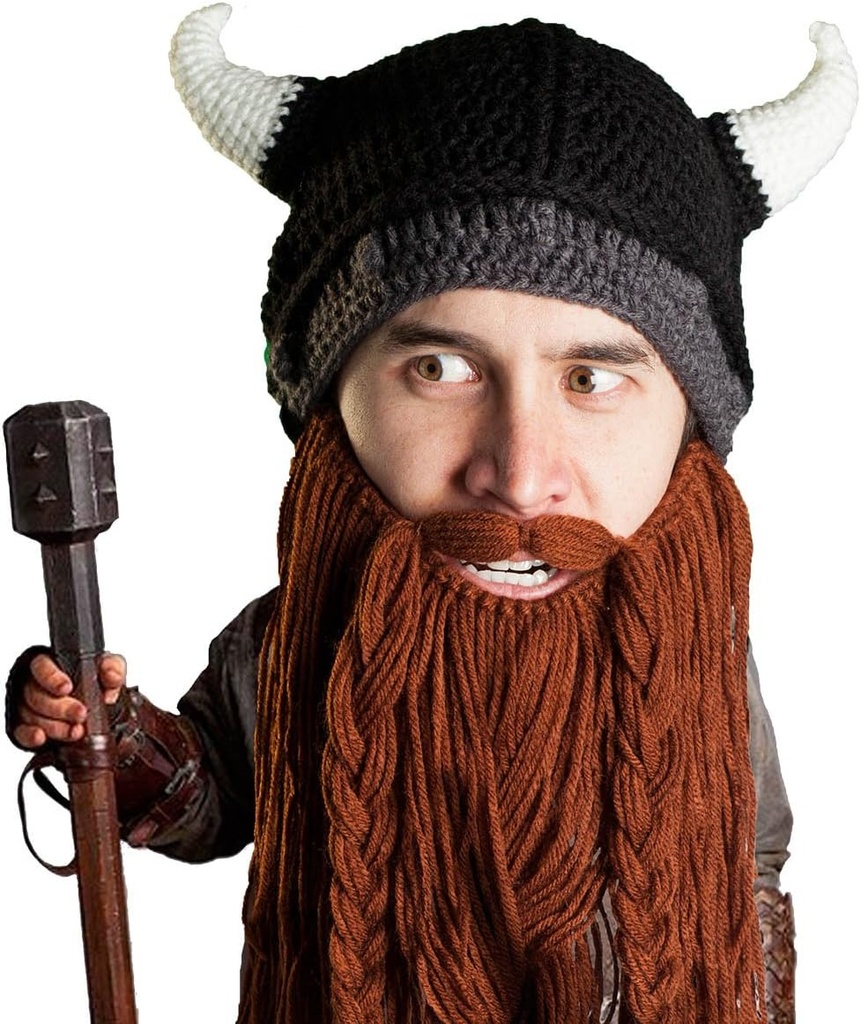 Baard Hoofd Viking Pillager - Originele handgemaakte brei Viking Horn helm en verwijderbare gevlochten bruine / zwarte baard