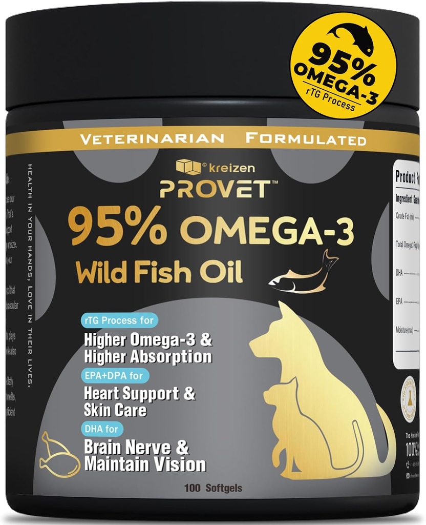 95% Omega 3 Visolie voor honden en katten, Vet-geformuleerd met RTG Verwerkte Zalmolie, Maximale EPA & DHA, Ondersteunt Hart, Huid, Jas, Gezamenlijk,Hart & Immune Health, 100 Zachte Gels