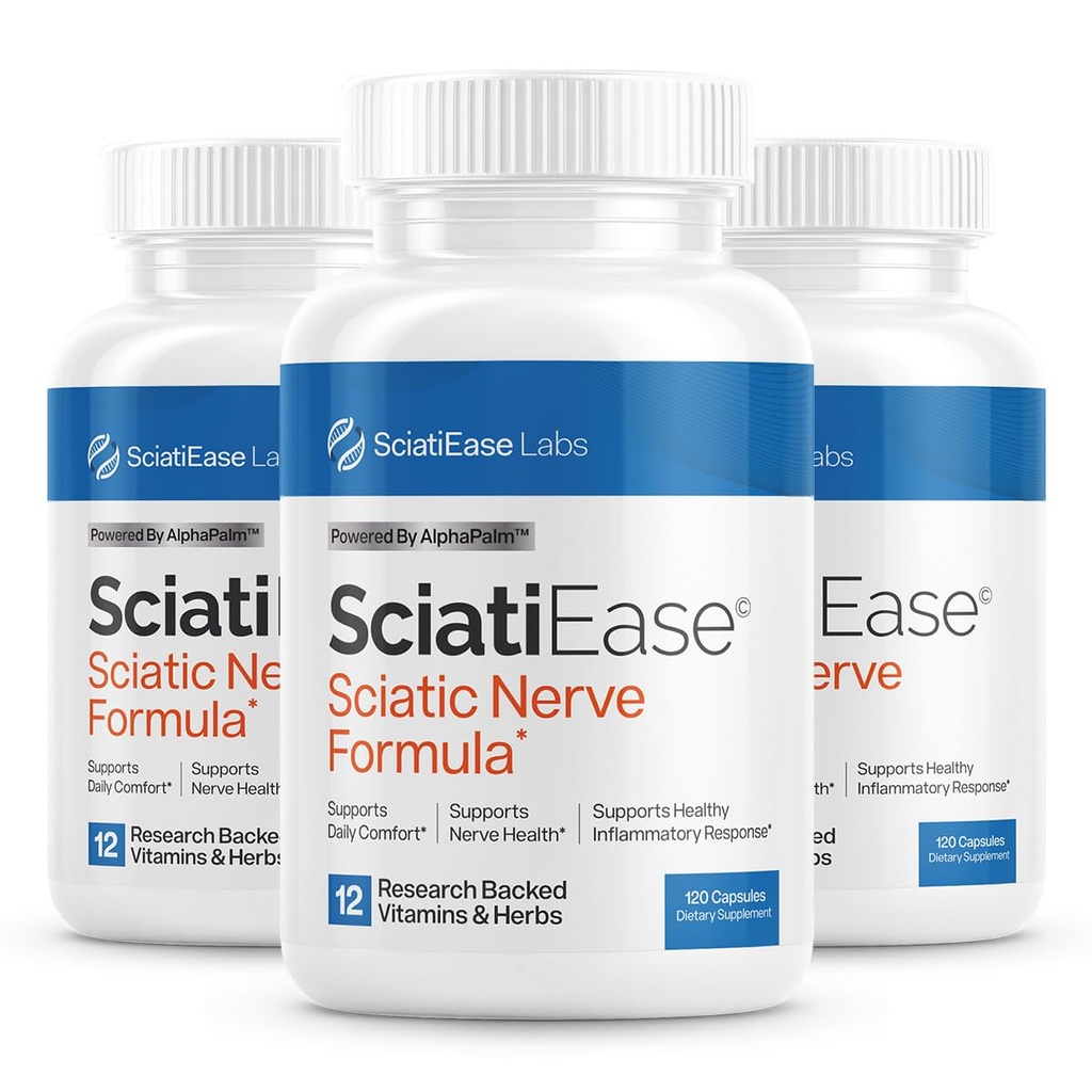 SciatiEase Sciatic Nerve Health Support Supplement - Nerve Support Formula with AlphaPalm, Pea, Vitamin B Complex, Alpha Lipoic Acid 300mg - 3 Bottles