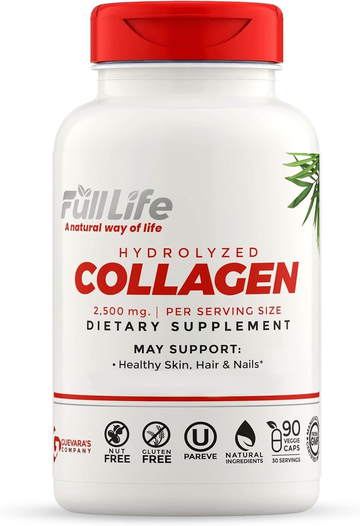 Full Life Hydrolyzed Collageen Supplementen - Bovine Collageen Pillen voor vrouwen en mannen - Kosher Collageen Capsules, Glutenvrij - 90 Veggie Capsules 2.500mg
