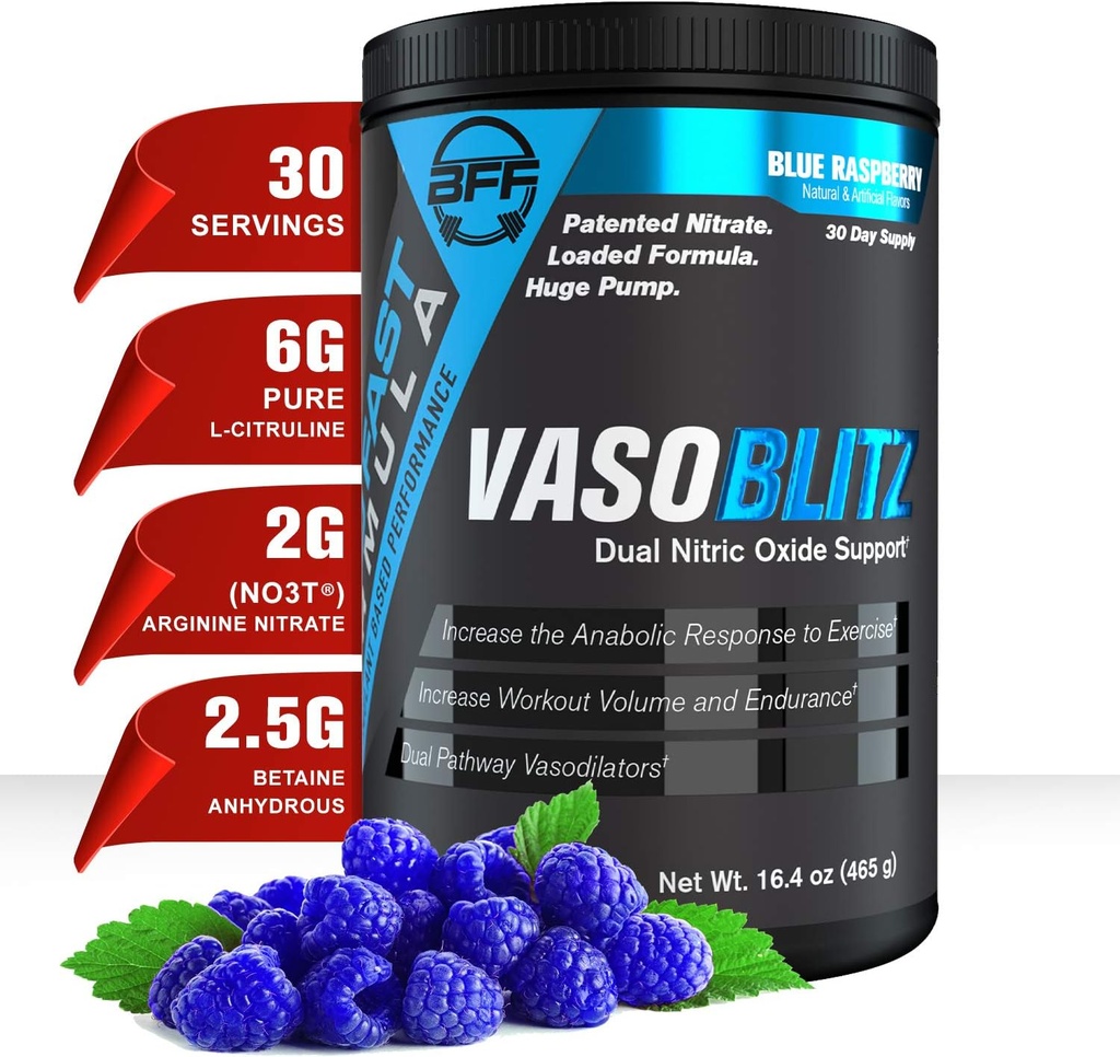 VASOBLITZ Award Winnen van Dual Nitric Oxidation Pre Workout met NO3T Arginine Nitride,L-Citrulline,Betaine Anhydrous,Calcium Lactaat,Caffeïnevrij voor spier-endurance(30 Serving) (Blue Raspberry)