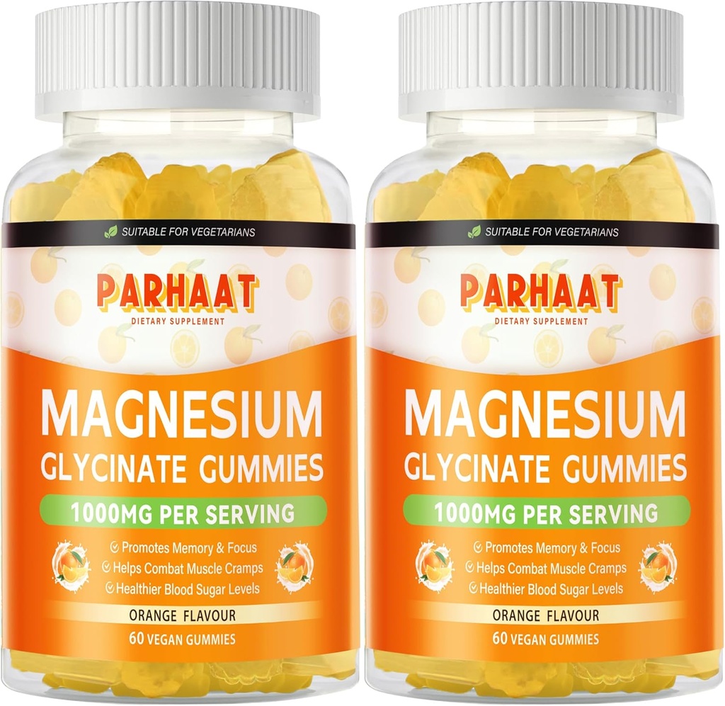 Glycinat de magnésium Gommies 1000mg - Supplément de potassium de magnésium sans sucre avec vitamine D, B6, CoQ10 pour calme d'humeur et de sommeil - 120 Gommies orange 2 Pac