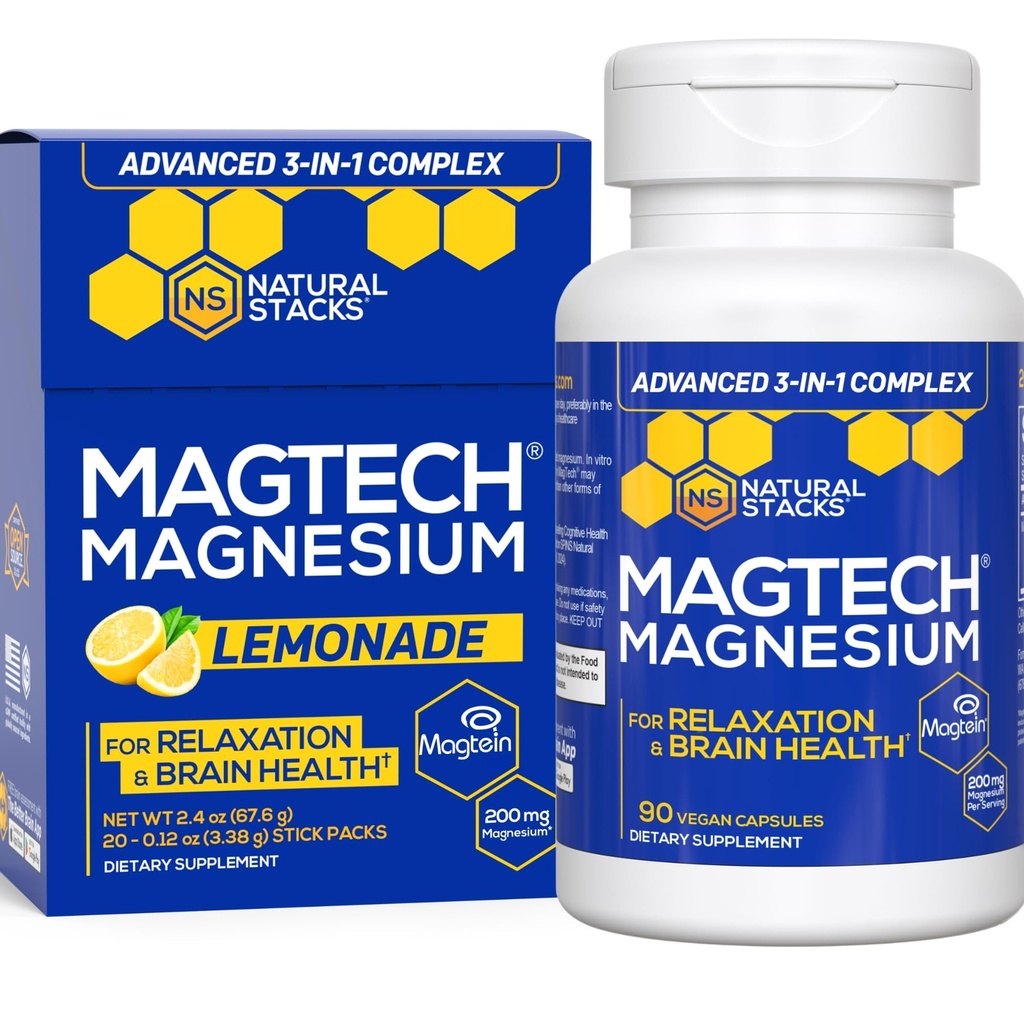 STACKS NATURAUX MagTech Capsules Magnésium + Magtech Mélange de boissons - Soutient la relaxation et la santé du cerveau* - 50 Total des portions