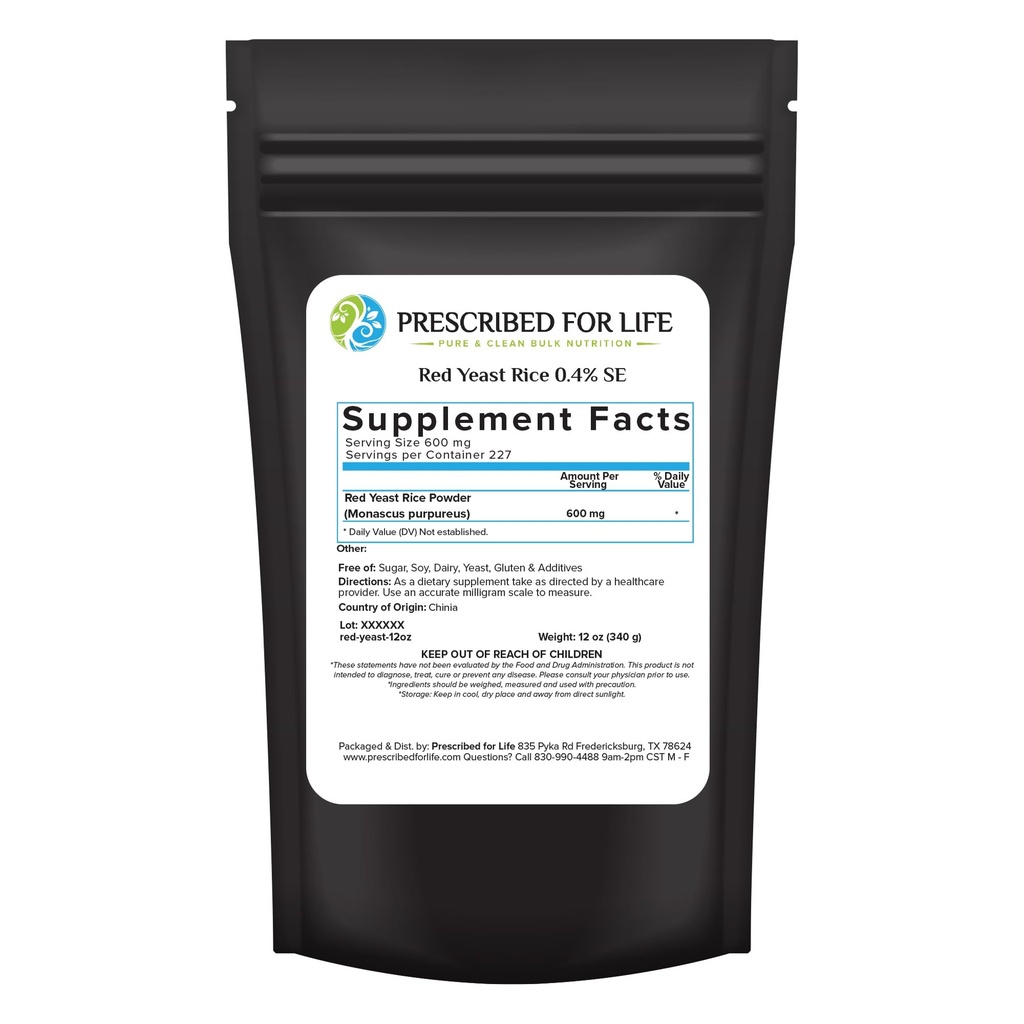 Prescription pour la vie Poudre de riz de levure rouge, supplément de riz de levure rouge pour soutenir la santé, végétalien, sans gluten, non OGM, Monascus purpureus (12oz / 340g)