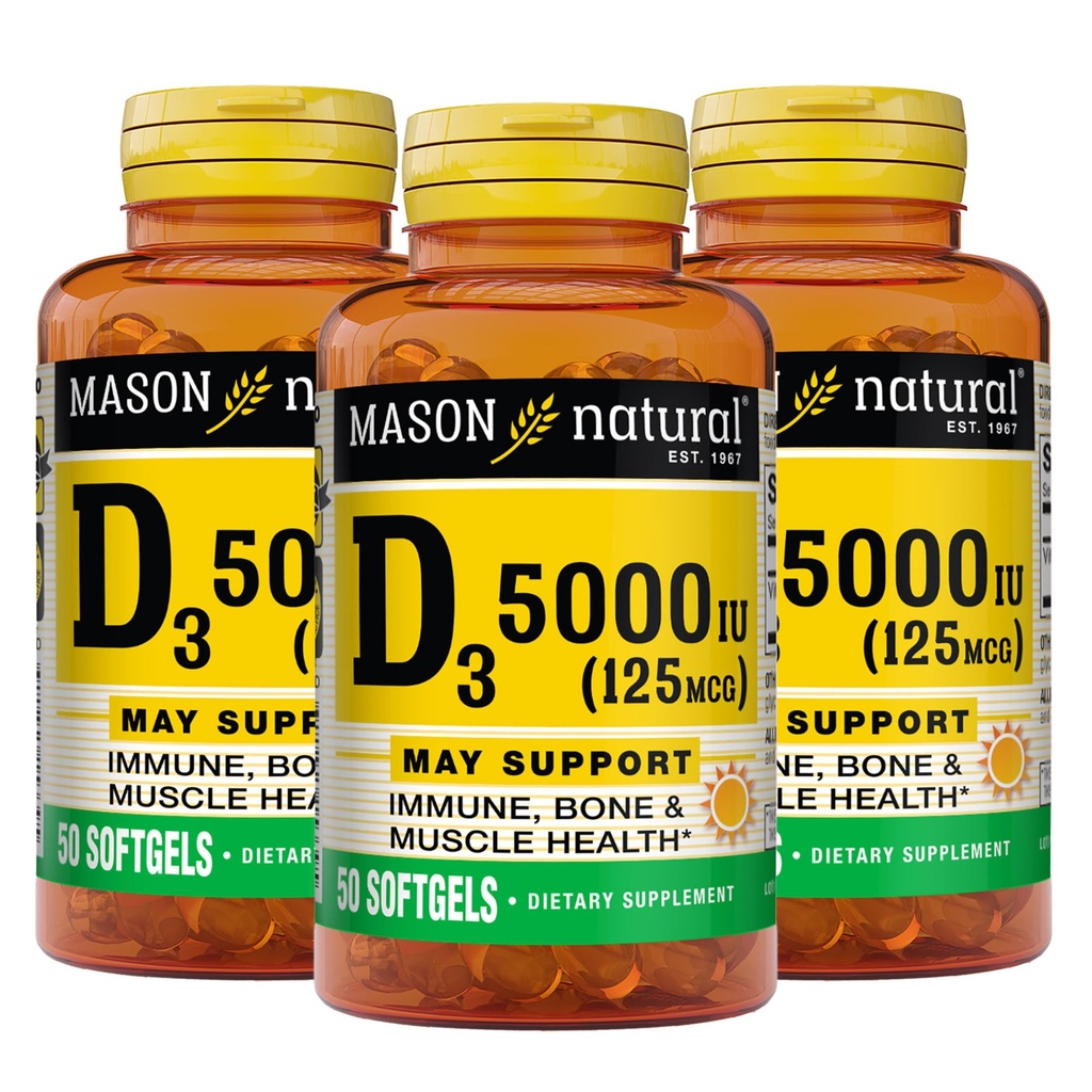 MASON NATUURLIJKE Vitamine D3 125 mcg (5000 IE) - Ondersteunt de algehele gezondheid, versterkt de botten en spieren, van visleverolie, 50 Softgels (verpakking van 3)