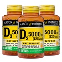 MASON NATUURLIJKE Vitamine D3 125 mcg (5000 IE) - Ondersteunt de algehele gezondheid, versterkt de botten en spieren, van visleverolie, 50 Softgels (verpakking van 3)