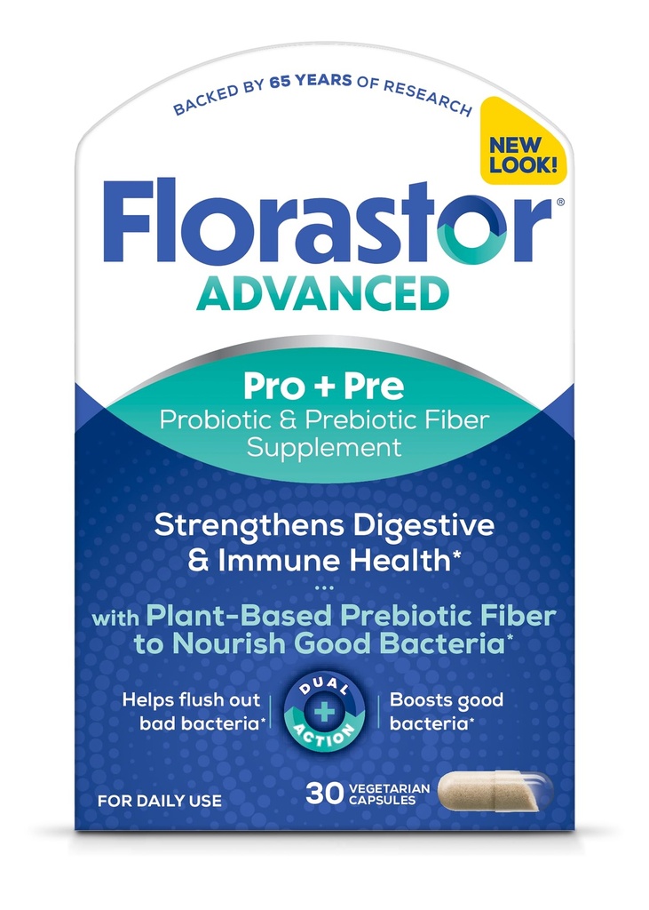 Florastor Select Pro+Pre Daily Probiotic and Prebiotic Supplement for Women and Men, Boosts Good Bacteria, Saccharomyces Boulardii CNCM I-745 (30 Capsules) (pack of 1)