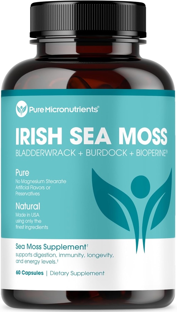 Pure Micronutriënten Ierse Zee Mos Capsules - Biologische Ierse Zeemos Pillen met Bladderwrack, Burdock & Black Pepper voor Energie, Immuniteit, Schildklier, Digestie, Hart en Bot Gezondheid