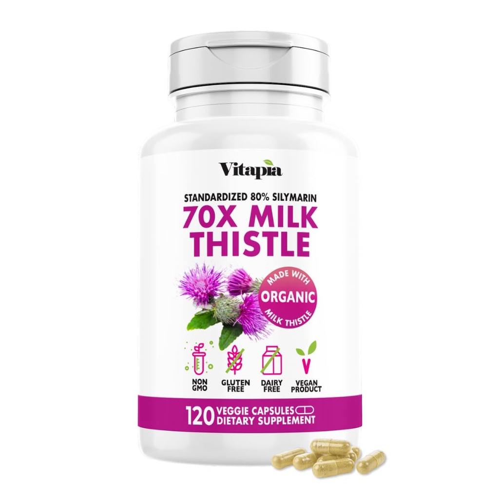 Vitapia Organic Milk Thistle Extract 70:1 Supplement - Lever Reiniging Detox & Reparatie, Levergezondheidsondersteuning, Antioxidanten - 120 Vegan Capsules, Niet GGO, Glutenvrij