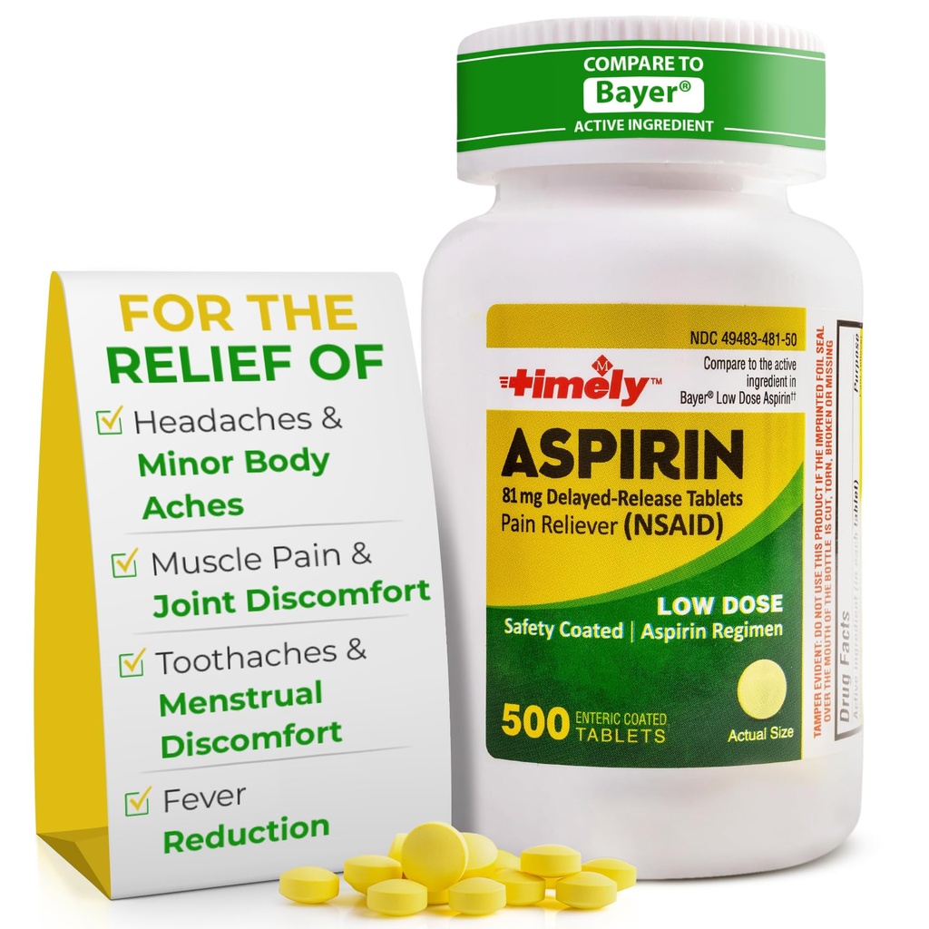 Tijdig lage dosis aspirine 81 mg voor volwassenen - pijnstiller voor lichte pijn en koortsreducer - vergeleken met de actieve ingrediënt in Bayer - lage sterkte enteric coated aspirine - 500 tabletten