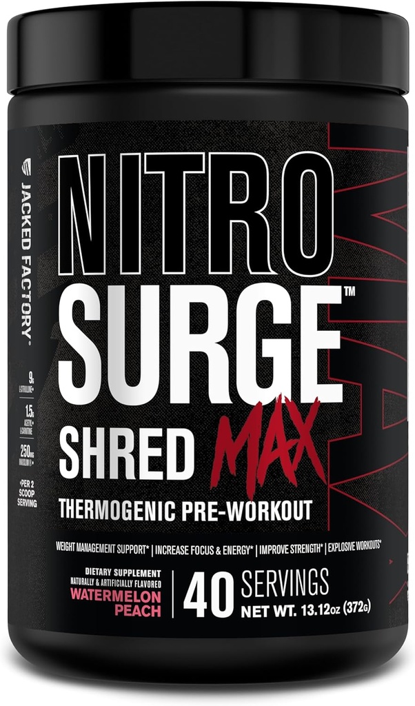 Usine Jacked Nitrosurge Shred Max Preworkout - Poudre de pré-entraînement thermogénique haute performance pour hommes et femmes - L Citrulline, acétyl L Carnitine, caféine biologique - 40 portions, pêche à la pastèque