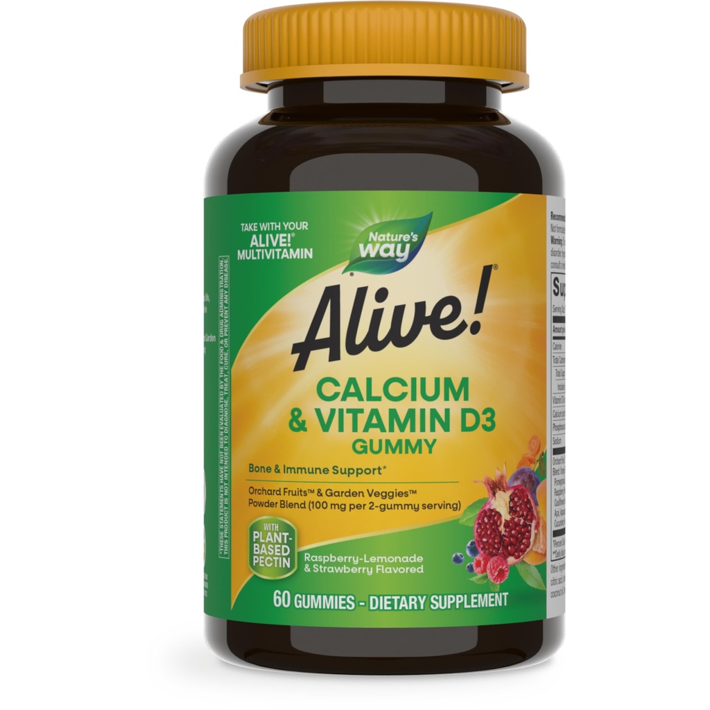 La nature est vivante ! Gommies de calcium à croquer avec vitamine D3, supplément quotidien soutient les os et les dents sains et la fonction musculaire*, fraise et framboise-démonade aromatisées, 60 gommies