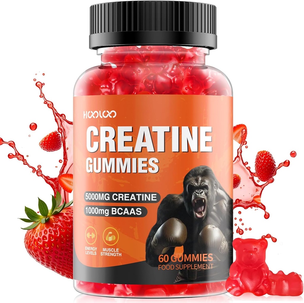 Gommies de créatine HOOLOO 5000mg Monohydrate de créatine, 1000mg BCAA par portion - Gommies sans sucre végane à croquer, saveur de fraise (1 mois d'approvisionnement)