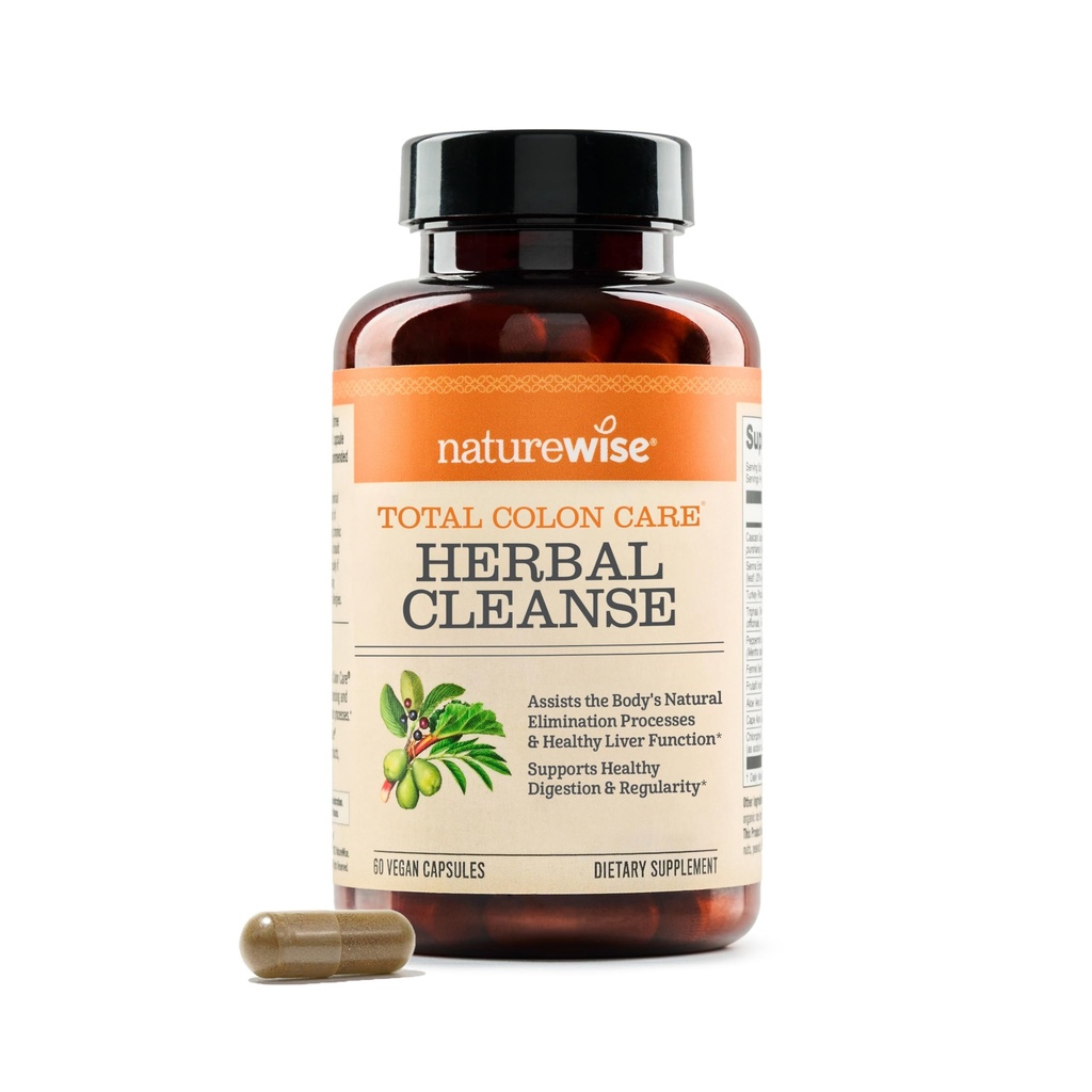 Naturewise Total Colon Care Herbal Cleanse - Met Prebiotica, Botanicals, & Antioxidants - voor regelmatige Bowel Movement, Digestie, Gut Health - Veganistisch, Gluten-Free, Non-GMO - 60 Capsules [51]Maande Levering]