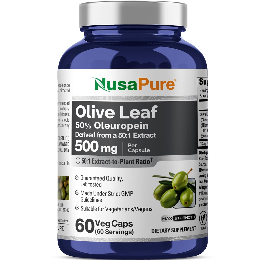 NusaPure Olive Leaf 50:1 Extract, 500 mg Equivalent aan 25.000 mg - 50% Oleuropein Vegan/Vegetarisch - Super Sterkte Geen Olie 60 Capsules