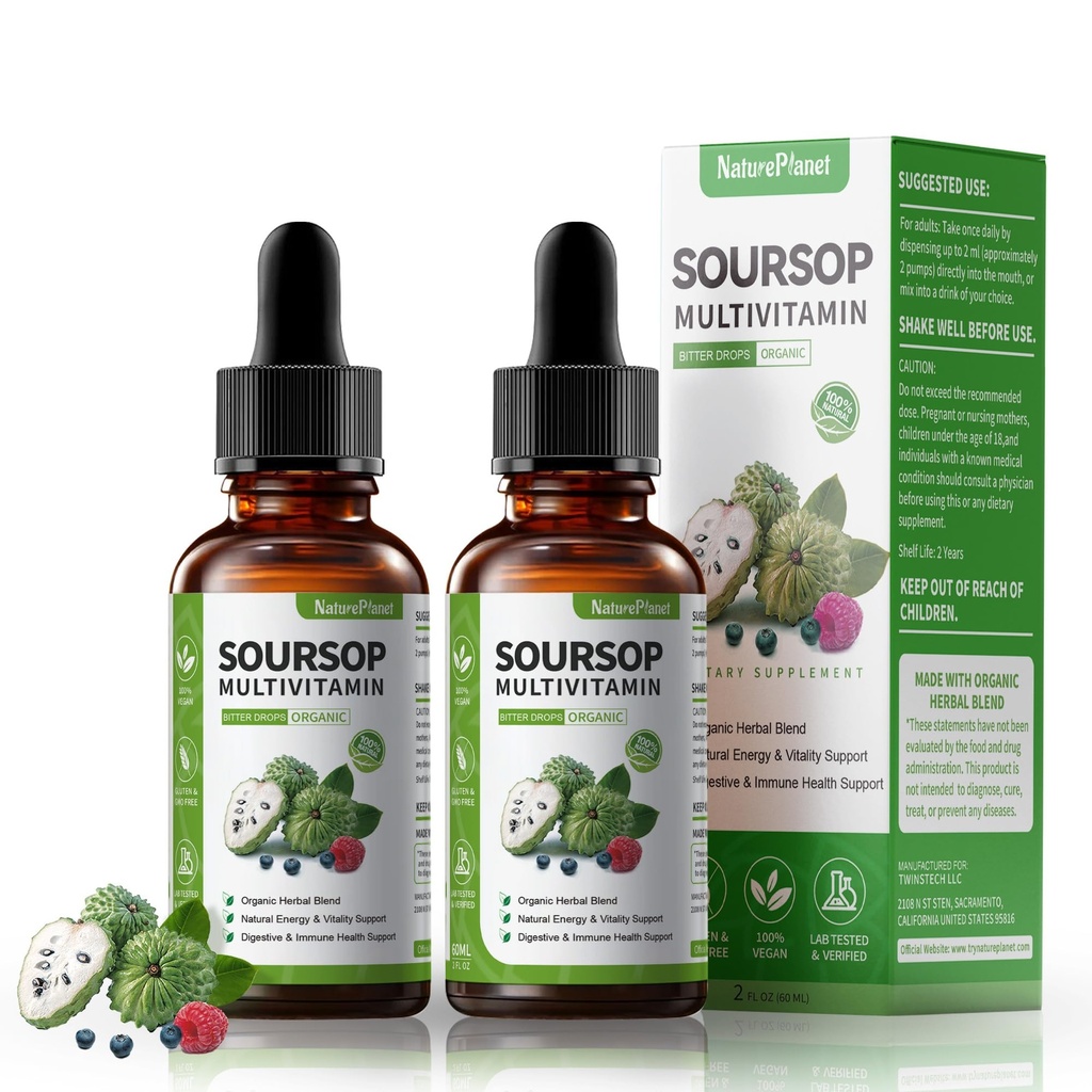 Soursop Bitters Liquid Drops with Vitamin C, D3, B6, Soursop Fruit & Leaf Extract + 10 Bitters Botanicals for Immune Support Digestive Health Antioxidant Boost
