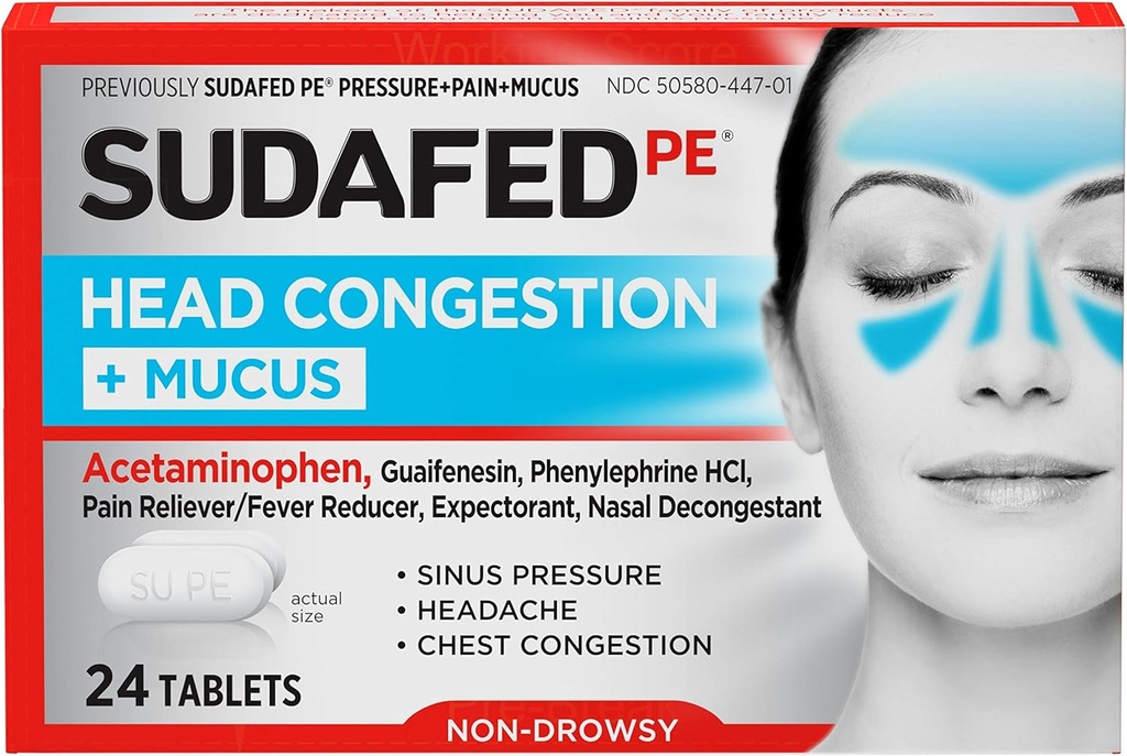 Sudafed PE Hoofdcongestie + Slijmtabletten voor Sinusdruk, Pijn & Congestie, 24 st