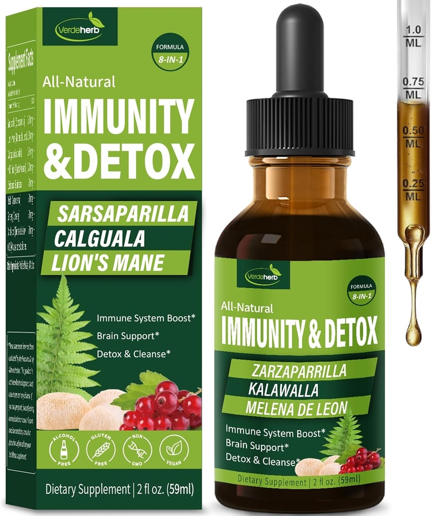 Sarsaparilla & Kalawalla Root (Polypodium Leucocomos) Immunity & Detox Drops, Natural Herbal Immune Support Formula w/Lion's Mane. Gotas de Zarzaparrilla, Cardo Mariano y Melena. 2oz
