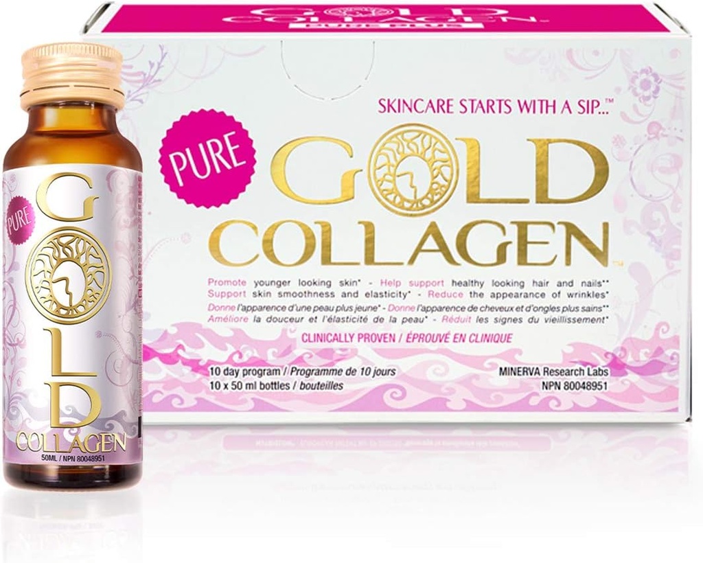 GOLD COLLAGEN Pure - Collageen Supplementen voor vrouwen en mannen met biotine voor haargroei, huid en nagel - Anti rimpel Immuun systeem Booster met Hyaluronzuur, vitamine C, B6 en zink, 1 Pack 10x50 ml