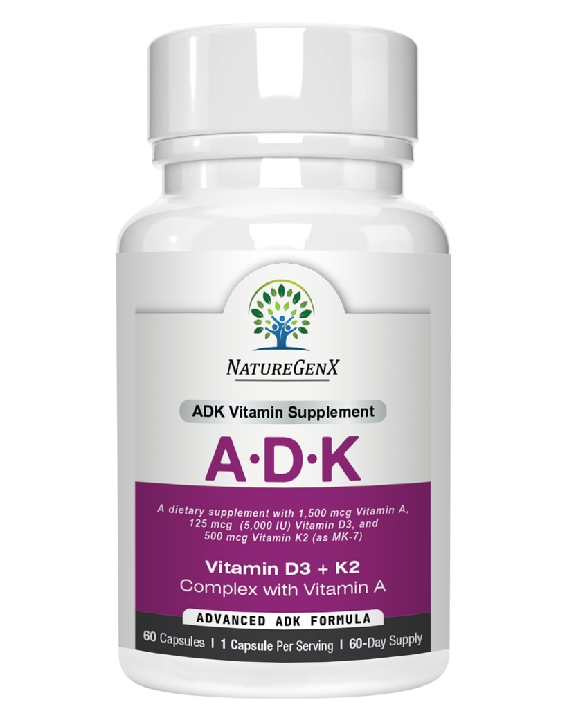 ADK Vitamin Supplement 5000 IE - High Potency Vitaminen A, D3 en K2 voor botgezondheids- en calciumabsorptie 
