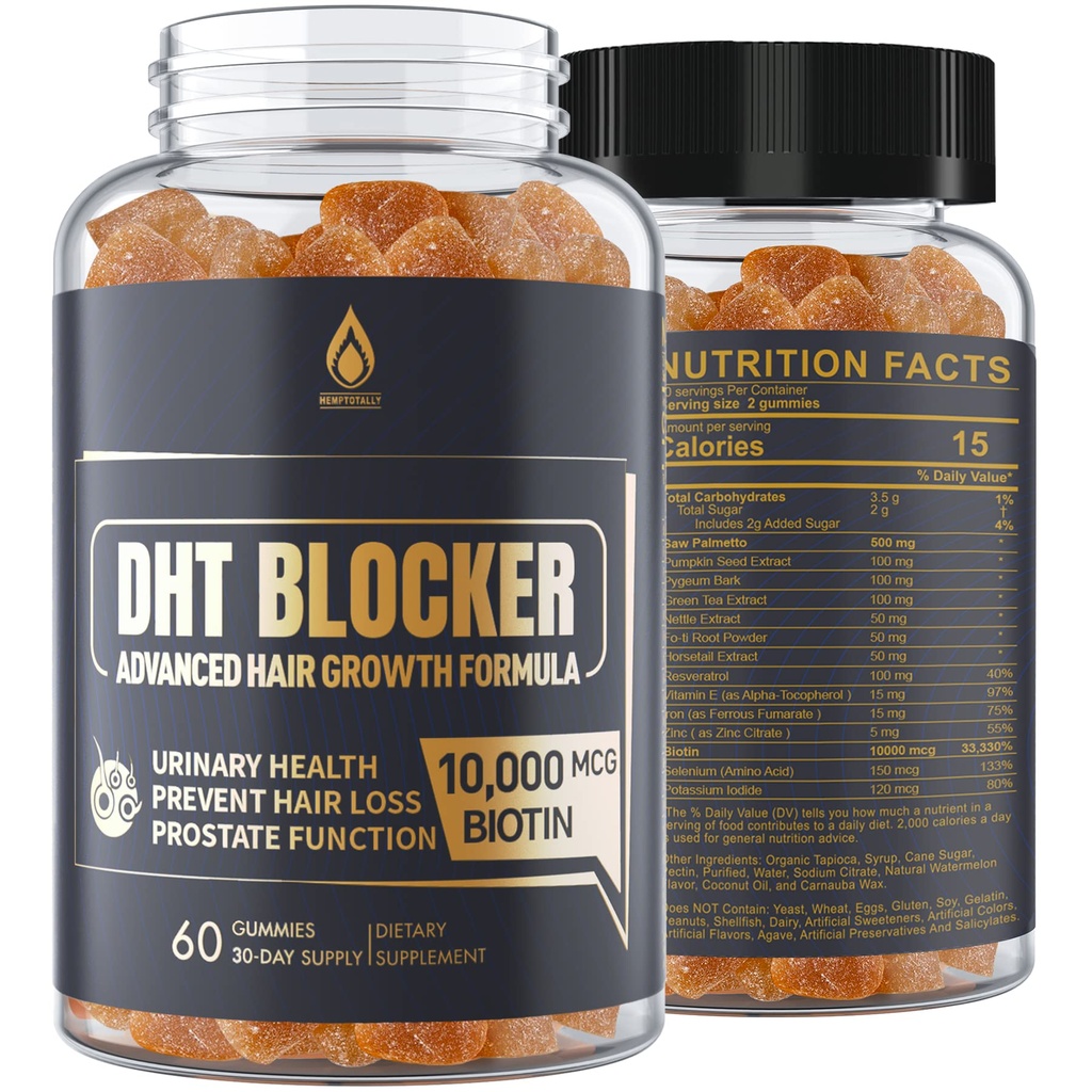 DHT Blocker Gummies Supplément de croissance des cheveux, Super Potency Saw Palmetto & Biotin 10000 mcg pour les femmes et les hommes, Plus 12 mélange propriétaire - prévenir la perte des cheveux, bloquer les récepteurs DHT, équilibre hormonal