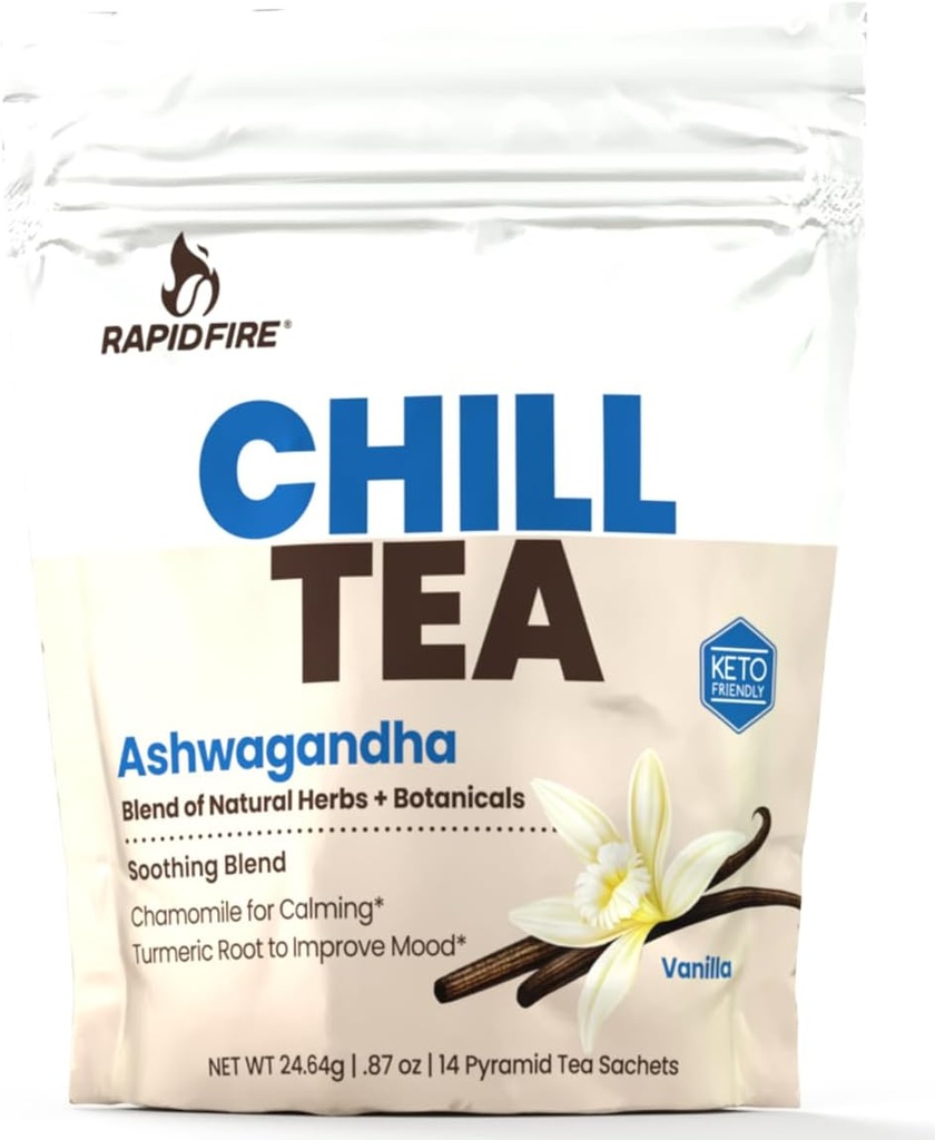 Thé froid, mélange apaisant, favorise la détente, avec Ashwagandha, Camomille, Turmeric, Thé anti-stress, Sans caféine, 14 sacs à thé, 14 portions