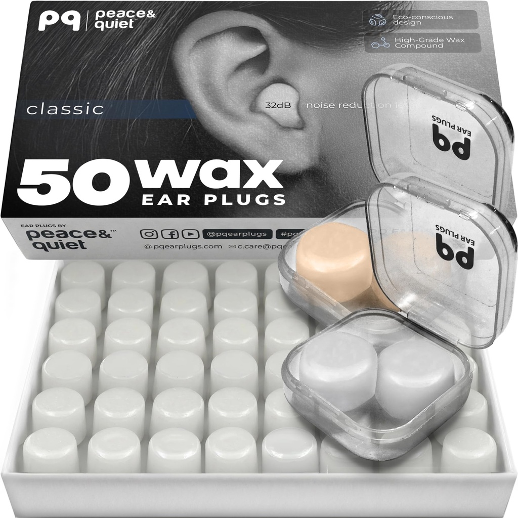 PQ Wax oorpluggen voor slapen, zwemmen - 50 Noise Cancelling Siliconen Gel Wax oordoppen, oorbescherming voor slaap en zwemmen, zachte waskussens met geluid blokkeren niveau 32Db, (50 kussens), kleur: wit