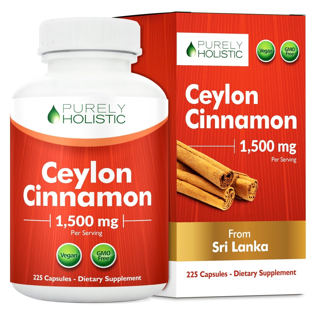 Capsules de cannelle purement Holistique Ceylan 1500mg, 225 Capsules de cannelle végétalienne, 75 jours d'approvisionnement (25% de plus de portions), Vrai supplément de cannelle Ceylan Sri Lanka