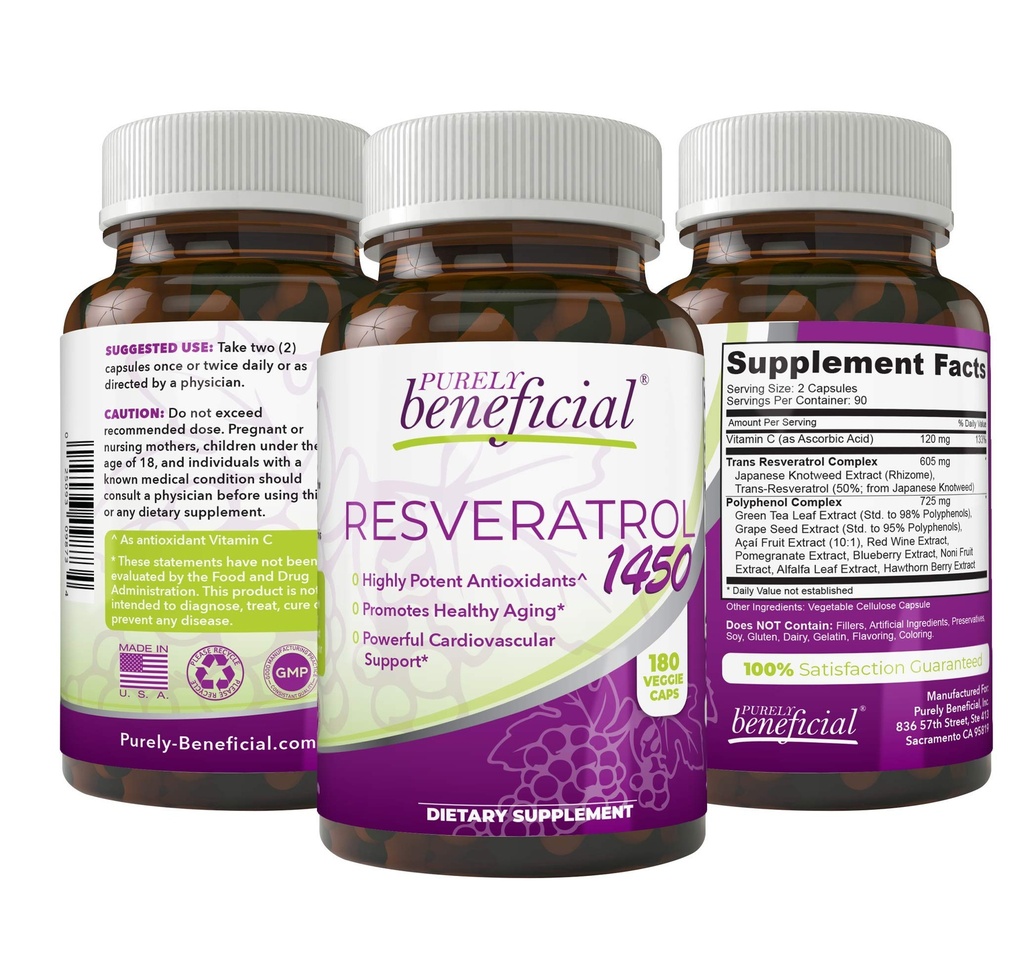 PURELY heilzame RESVERATROL1450-90day Supply, 1450mg per Serving of Potent Antioxidants & Trans-Resveratrol, Promoot anti-Aging, Cardiovasculaire ondersteuning, Maximale Voordelen(1fles)