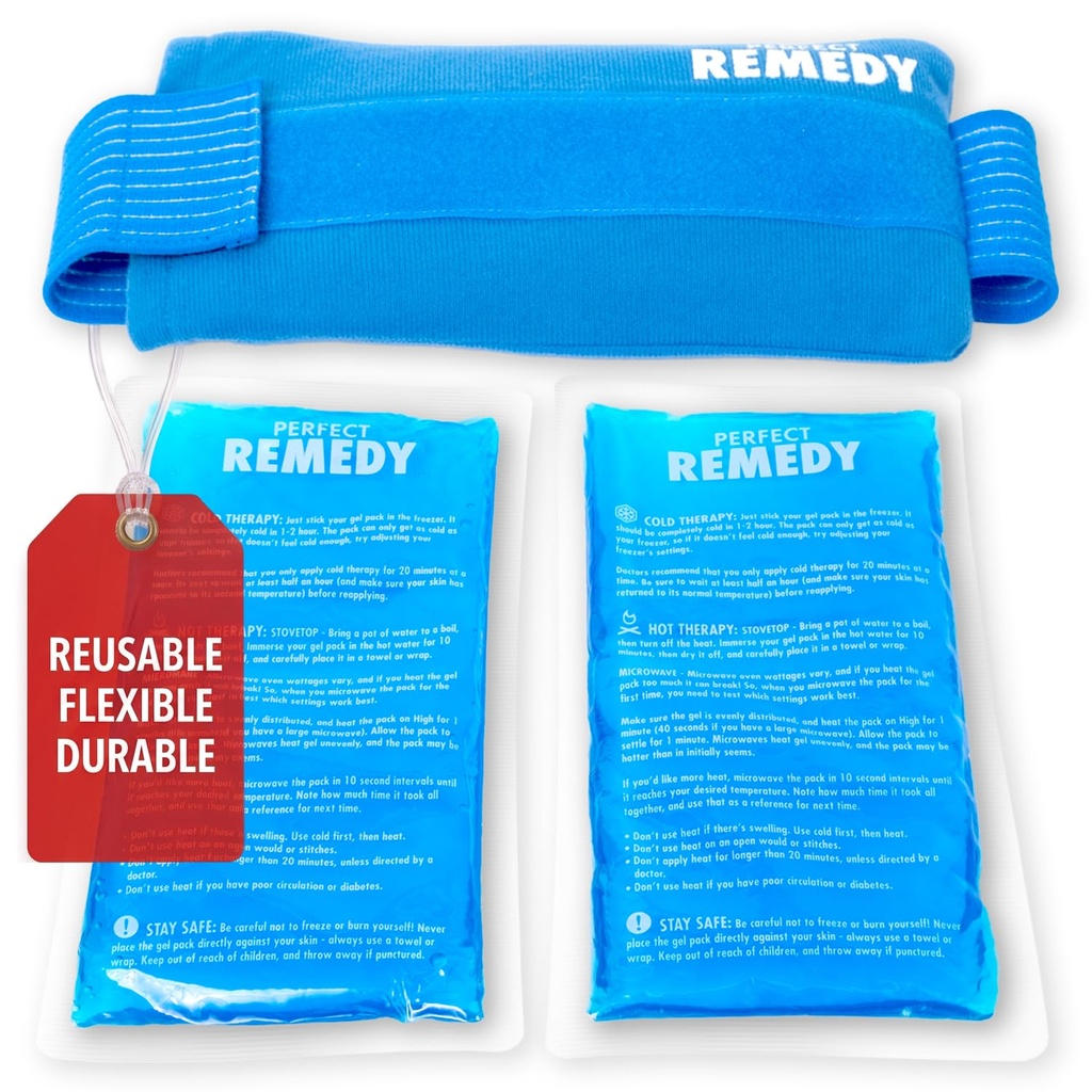 Perfecte Remedie 2-Pack Gel Ice Packs voor verwondingen met riemhoes, flexibele warme koude kompres, verzachtende zachte ijspacks voor hulp bij verwondingen voorwaarden, alternatief voor warm water flessen (blauw, regelmatig)