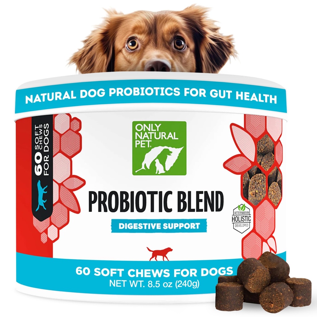 Uniquement supplément naturel pour chien probiotique et chat - Formule enzymatique digestive et gustative, puppy et canine, meilleur pour le soulagement de l'estomac et l'aide à l'essence - chews doux, 60 comte.
