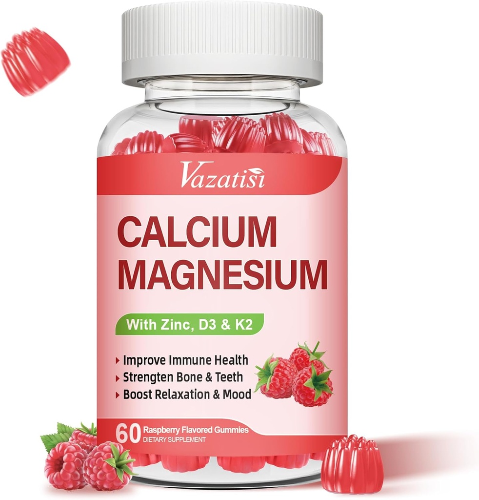 Calcium Magnesium Zink Gummies met Vitamine D3 & K2, Hoge Absorptie Magnesium Glycinate Kalium voor Immune en Kalm Mood, Raspberry Flavor 60 Gummies