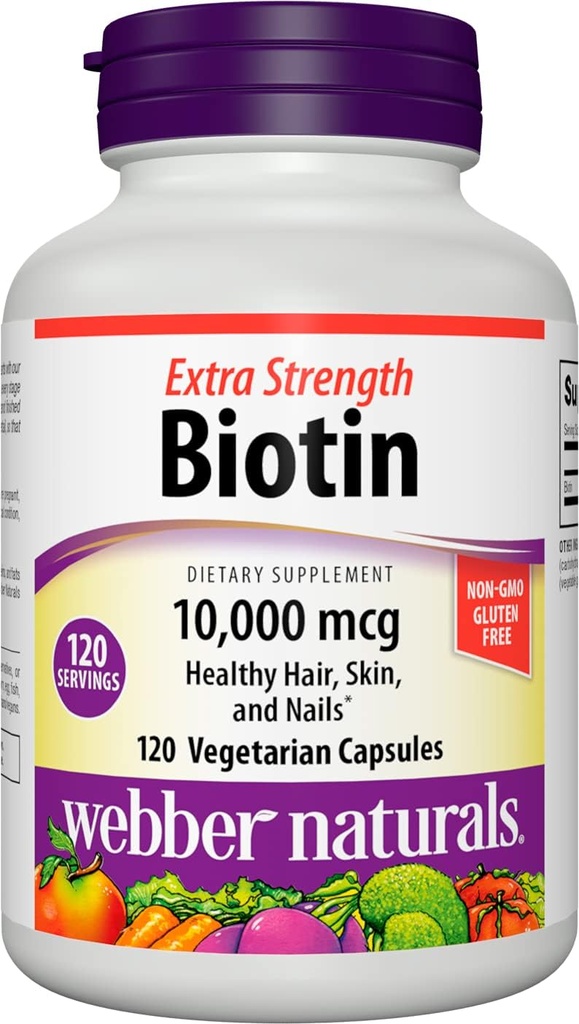 Webber Naturals Biotin 10.000 mcg, extra sterkte, 120 capsules, gezond haar, huid & nagels, vitaminesupplement, veganistisch