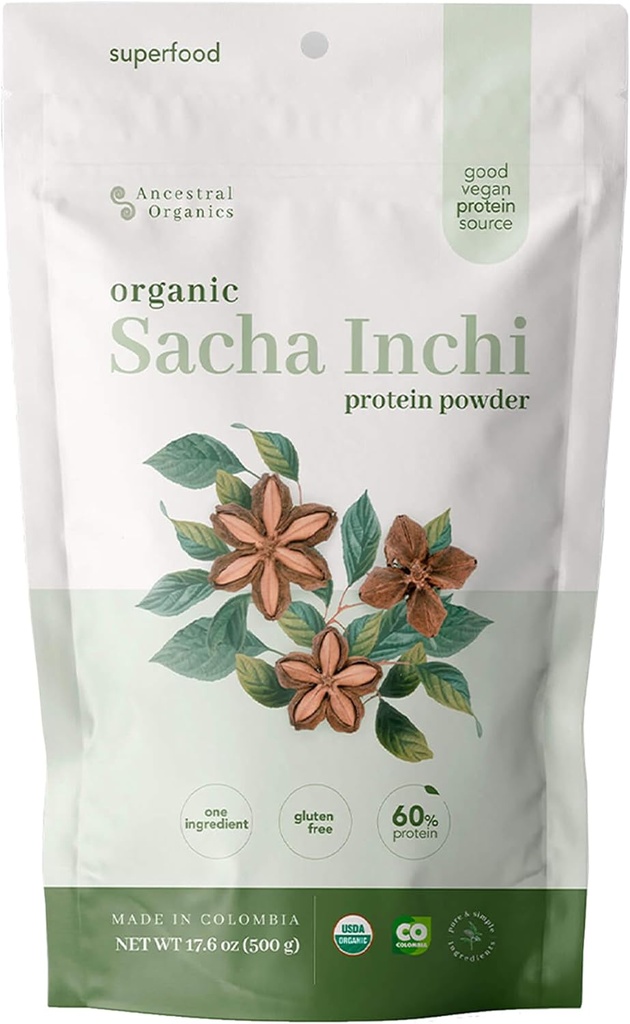 ANCESTRAL Organics Vegan Protein Powder, Sacha Inchi Gecertificeerd Biologische Superfood - 17g Plant Based Protein - Nutriënt Rich - Glutenvrij, Zuivelvrij, Suikervrij - 1.1lb