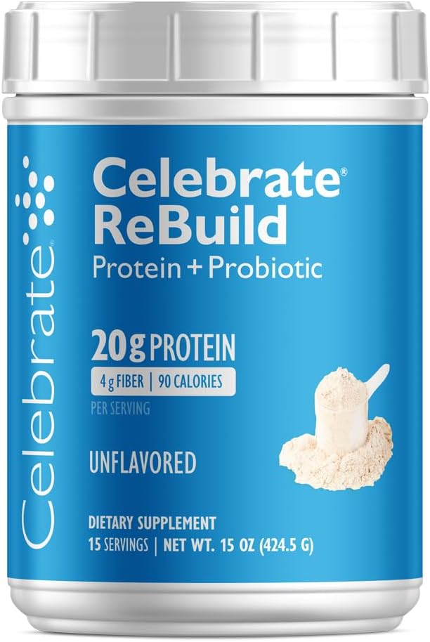 Célébrez les vitamines Reconstruisez la poudre de protéines avec des probiotiques et des prébiotiques - 20g de protéines isolées de lactosérum, haute fibre, pour les patients de chirurgie bariatrique - non aromatisés (15 portions)