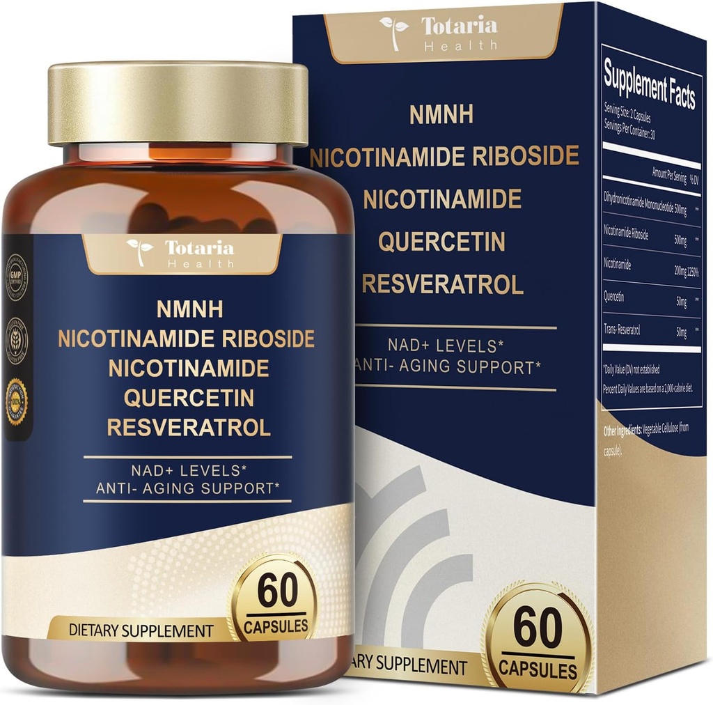 Totaria NMNH (NAD ou supplément alternatif NMN) (dihydronicotinamide mononucléotide) Ultra-résistance, NAD+ Support w/NR, Resveratrol & Quercetin, Ultra Absorption pour Anti-Aging, Vegan