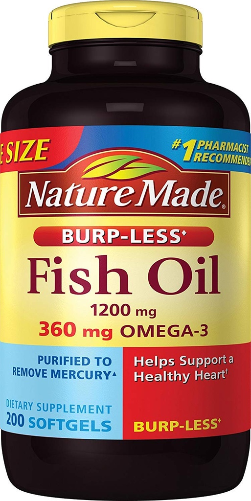 Huile de poisson de Burp-moins 1200 mg, 200 Softgels, huile de poisson Oméga 3 Supplément pour la santé cardiaque