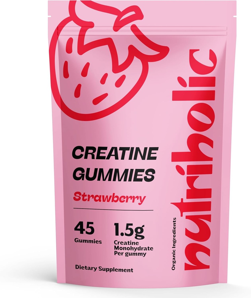 Gommies monohydratées de créatine pour les hommes et les femmes - Facile à digérer, végétalien, sans gluten, sans OGM, 1,5g de créatine par gummy - 45ct (45 comte, fraise)