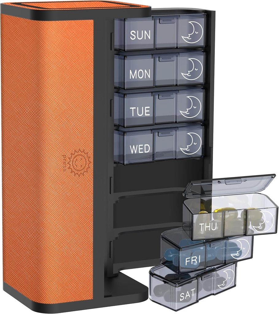 Organisateur de pilules AM/PM de 7 jours avec boîtier en cuir résistant aux rayures - Boîte de médecine de voyage hebdomadaire portable avec pods quotidiens amovibles et conception de la vie privée (Bright Orange)