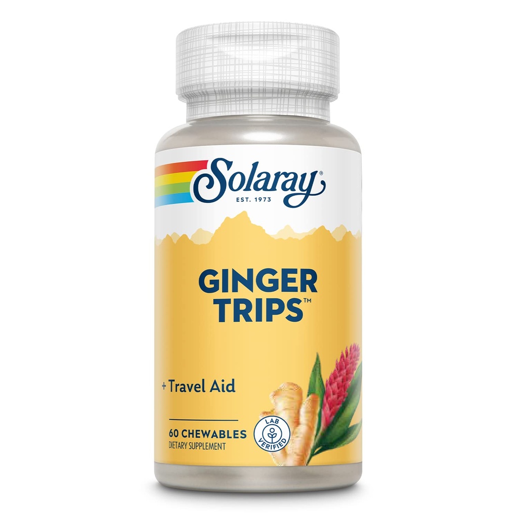 SOLARAY Ginger Voyages Aide Voyages Extract de racine , Soutien digestif sain avec/Honey, Stevia & Molasses , 60 Chewables