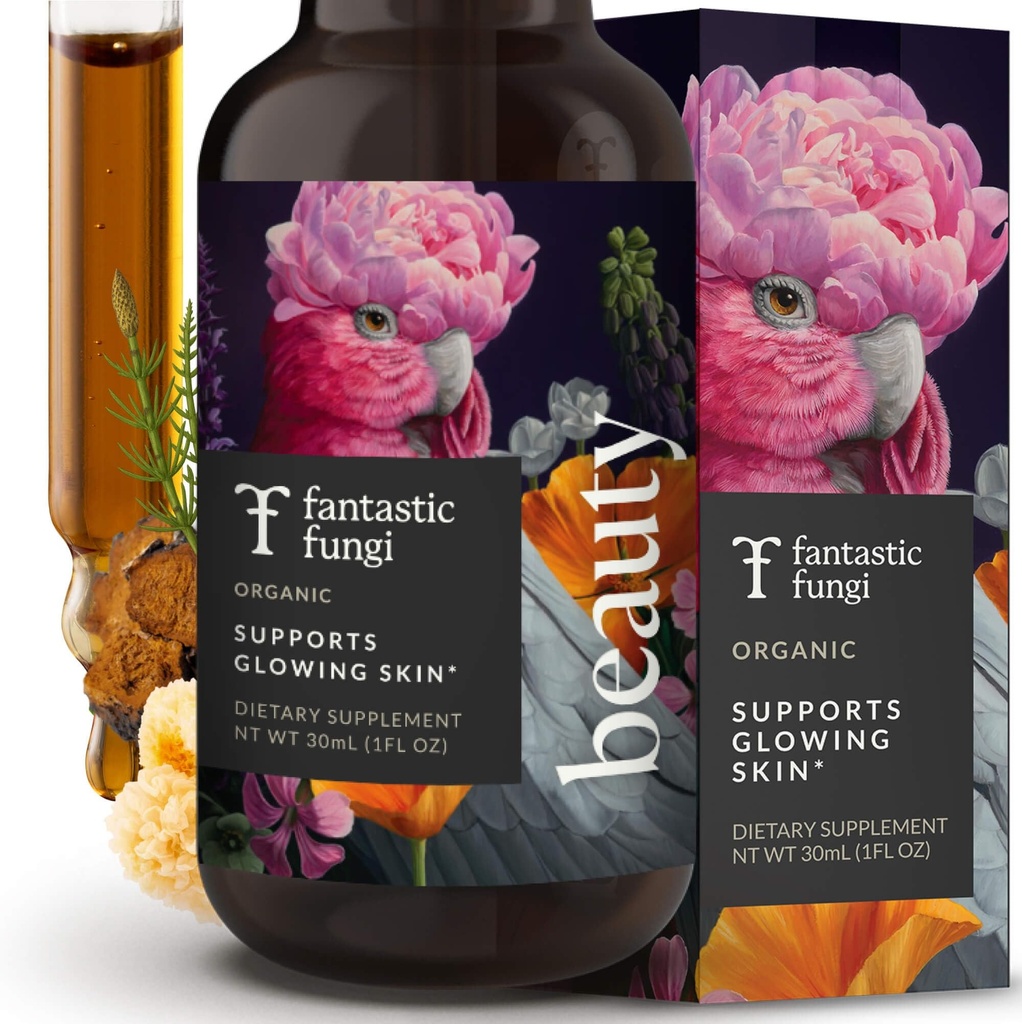 Fantastische Fungi Beauty Elixir met Tremella Mushroom Extract, Chaga Mushroom Extract, Horsetail & Acerola - Biologische druppels voor gezond haar, huid en nagels - Geformuleerd in de Verenigde Staten - 30 porties, 1 fl oz