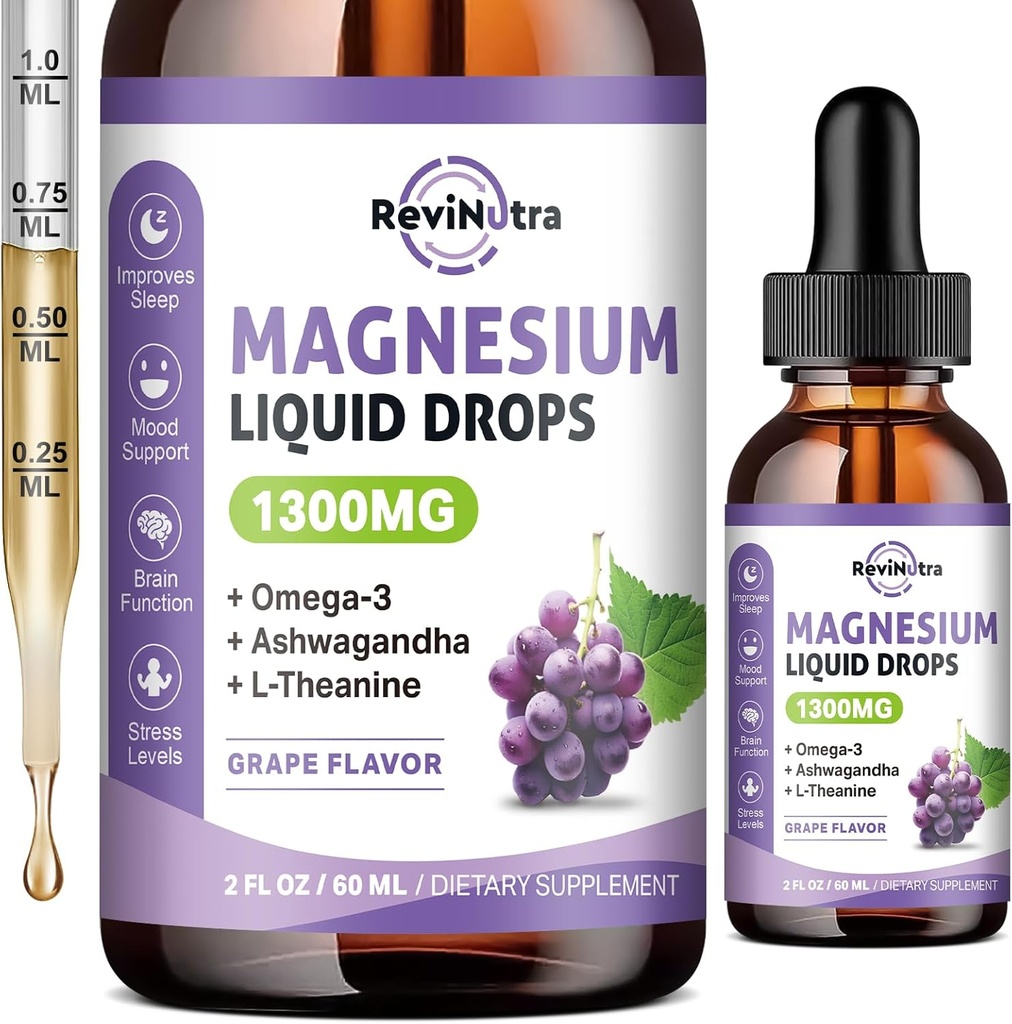 Triple Magnesium Complex Liquid Drops - 1300mg Magnesium Glycinate, Taurate & Citrate with Omega3, L-Theanine, Ashwagandha, Potassium - Support Sleep, Nerve, Immune, Energy - Grape Flavor, 2 Fl OZ