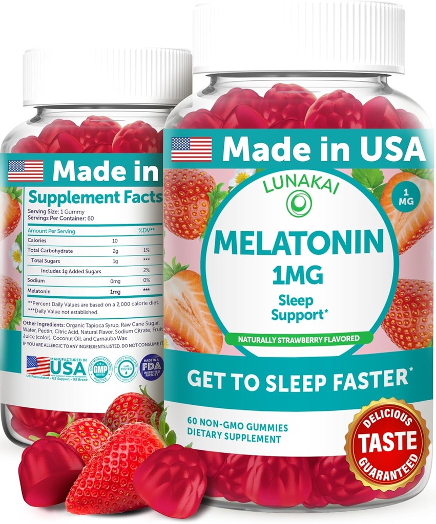 Lunakai USA Made Low Dose Melatonine Gummies 1mg - Voorzichtige slaaphulp voor volwassenen en kinderen - Non-GMO, Veganistisch, Glutenvrij - 60 Tel.
