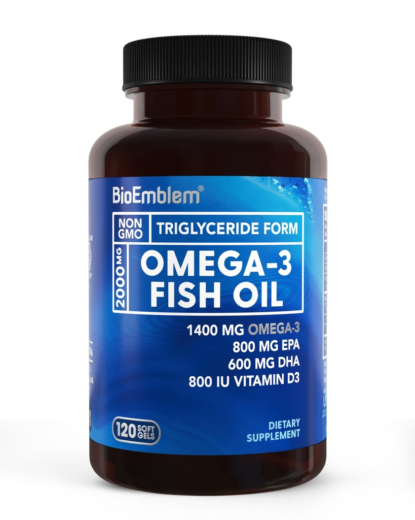 BioEmblem Omega-3 Visolie 2000mg - Small Size Softgels, Hoge Absorptievorm, Duurzaam - 1400mg EPA &DHA Plus Vitamine D3, Non-GMO, Hart, Gewricht, & Brain Health Visolie Supplement, 120 Ct