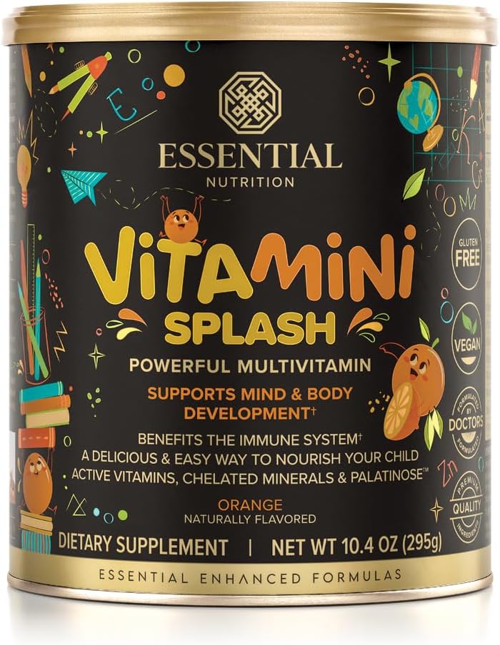 Essential Nutrition Vitamini Splash - Kids multivitamine poeder - voedingsondersteuning - 13 actieve vitaminen & 6 gecheleerde mineralen, prebiotische vezels - sinaasappelsmaak - (10.4 oz) - veganistisch