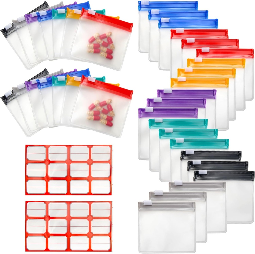 35+2 Pcs Pill Pouch Bags Zippered Pill Pouch Set avec 2 feuilles Etiquette, 7 Couleurs Pill Pouchs for Medicine Travel Petits Sacs en plastique réutilisables pour Voyage/Accueil Usage quotidien