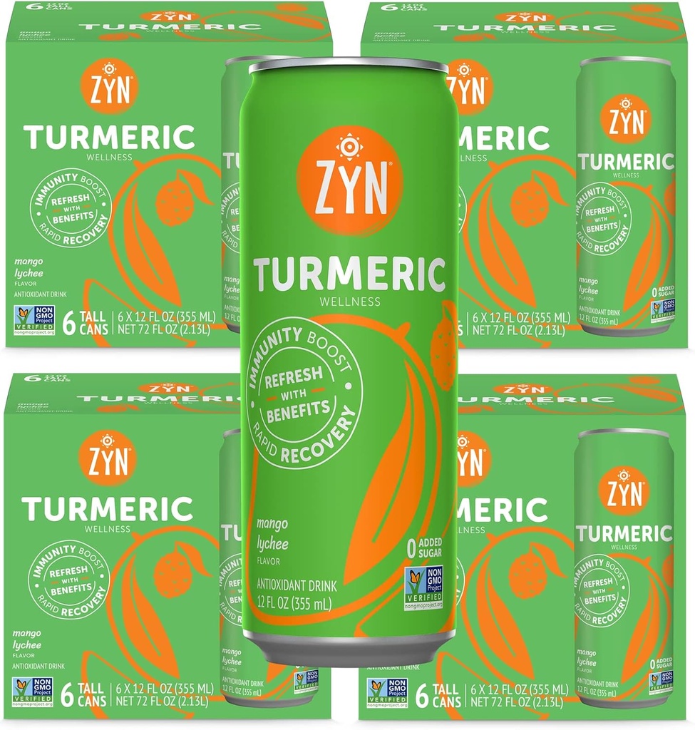 ZYN Kurkuma Wellness Drink (24 Pack), Mango Lychee Gearomatiseerde Kurkuma Curcumin Drink met zwarte peper, Geen toegevoegde suiker, lage Carb & Low Calorie Drink, Clean Alternatief
