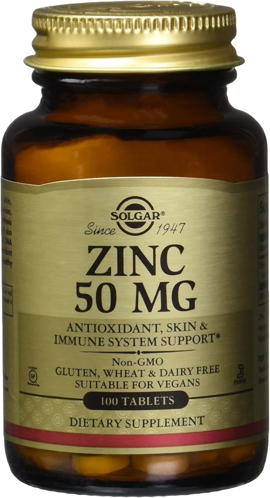 Solgar Zink 50 Mg, 100 tabletten - Zink voor gezonde huid, immuunsysteem en antioxidant ondersteuning- 100 porties, 100 telling (verpakking van 12)