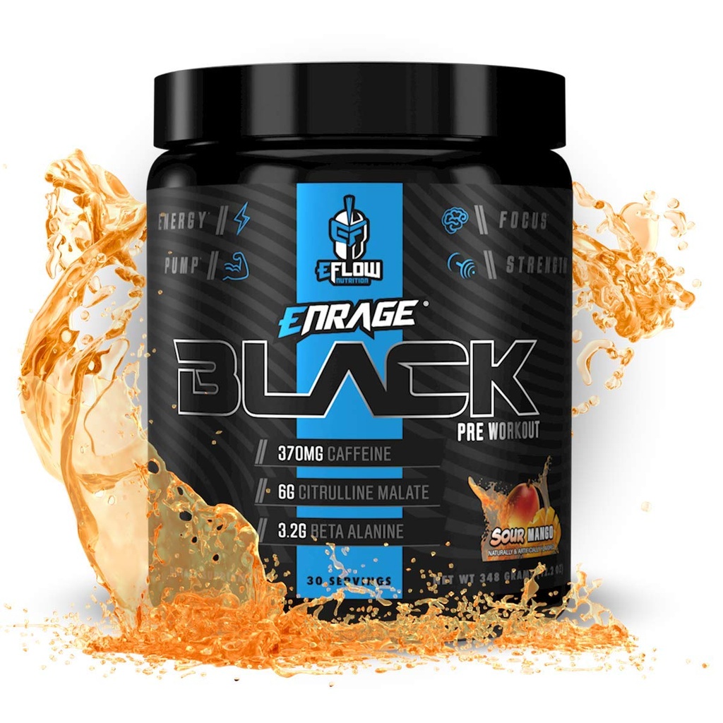 eFlow Nutrition Enrage Black High Stimulant Pre Workout Supplement - Preworkout Powder to Boost Energy, Pumps and Strength - 4 Smaken (30 Smaken) (Sour Mango)